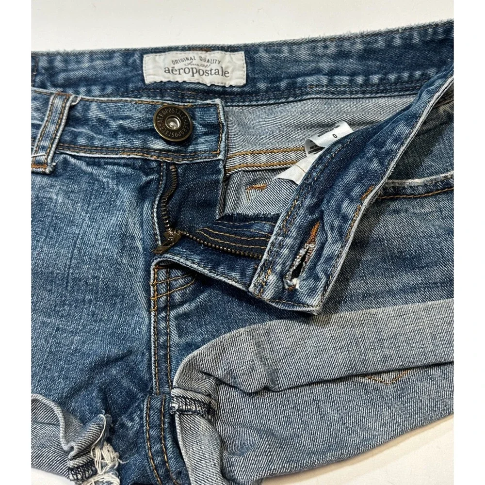 Aeropostale Denim Shorts Womens Size 0 Blue Distressed Cuffed Low Rise Cotton